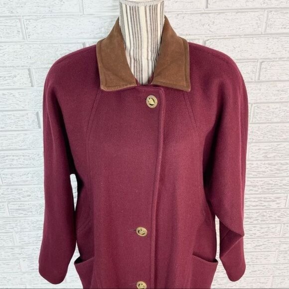 Vintage Jofeld Long Wool Coat Overcoat Burgundy Tan Suede Collar Size Large - Picture 2 of 8